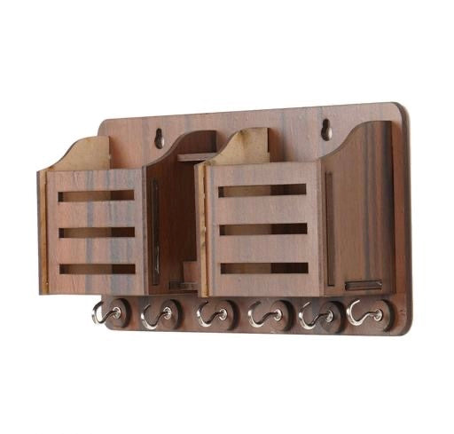 Craftzo Premium Phone Stand Brown Wood Key Holder (6 Hooks, Brown)