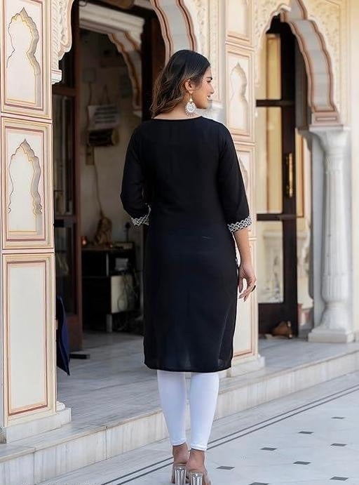 Rayon A-line Calf Length Embroidered Three Quarter Sleeves Kurti