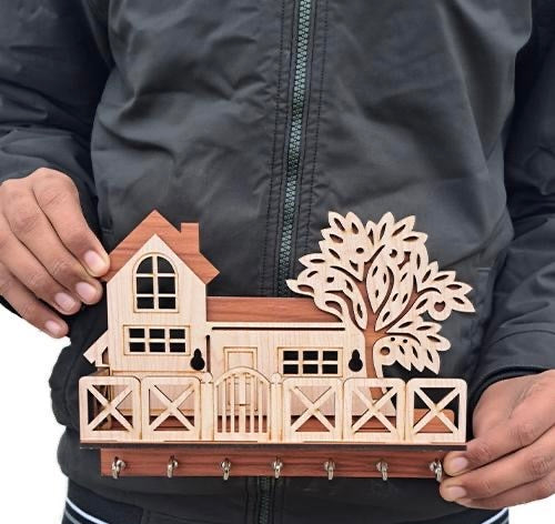 Tree House Wooden Keychain Holder (Brown and Cream) Premium Quality