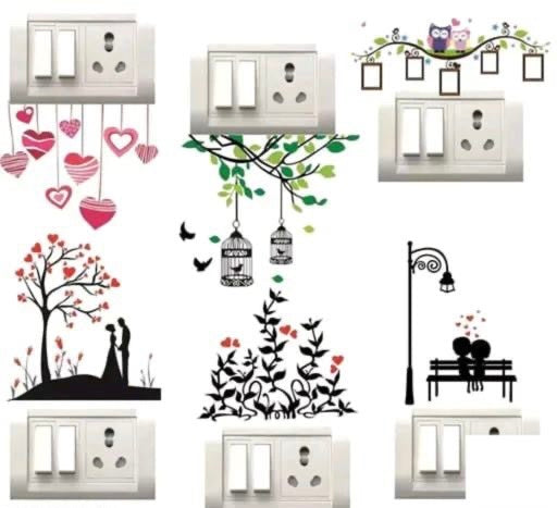 Beautiful Tree, Birds & Cage Switch Board Sticker – Decorative Wall Art for Home & Office (Pack of 6)