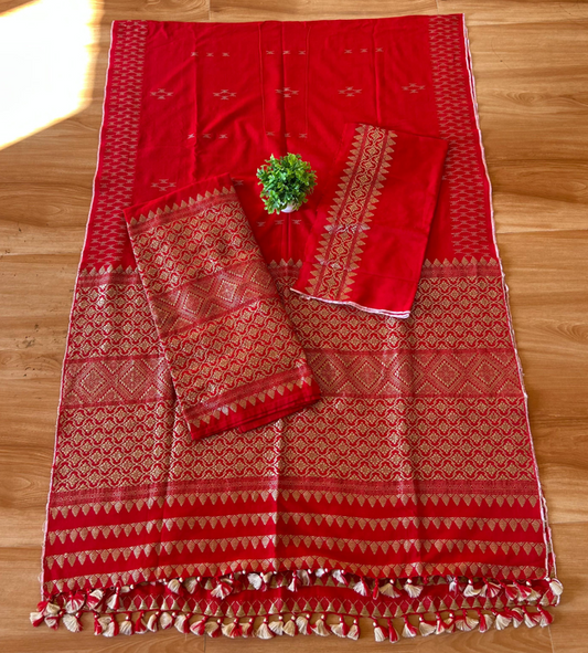 Missing Mekhela Sador in Red & Gold – Handloom Padmini Cotton with Ari Work | Traditional Women’s Ethnic Dress