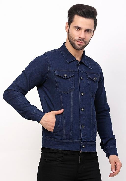 Classic Latest Man Navy Blue Flap Collar Long Denim Jacket