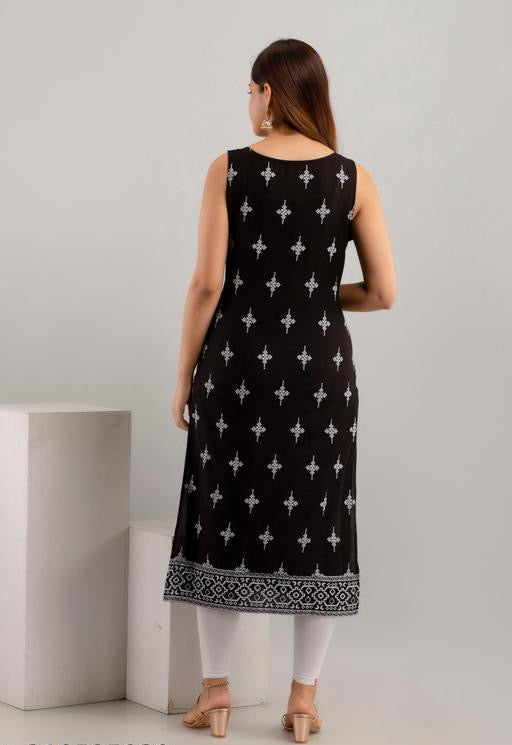 Women’s Printed Rayon Sleeveless Kurti – Straight Fit, Half Sleeves, Cut Piece, Stylish Kurta, Western & Ethnic Wear, Comfortable, Trendy, Casual, Office, Party, Daily Wear