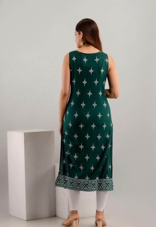 Women’s Printed Rayon Sleeveless Kurti – Straight Fit, Half Sleeves, Cut Piece, Stylish Kurta, Western & Ethnic Wear, Comfortable, Trendy, Casual, Office, Party, Daily Wear