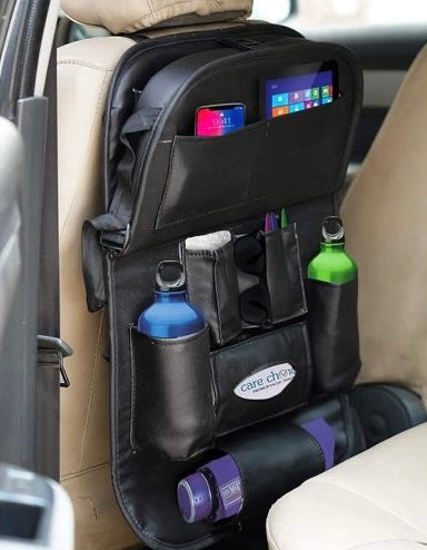 PU Leather Car Backseat Organizer – Foldable Dining Table Tray & Storage Pockets | Luxury Car Seat Organizer for Travel & Daily Use