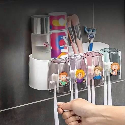 Wall Mounted 4-slots Toothbrush Holder Set with Adorable Cartoon Cups - Self Adhesive No Drilling Required