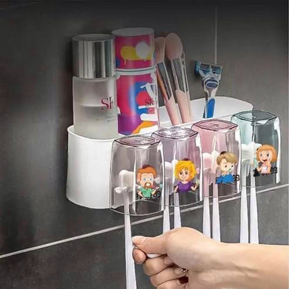Wall Mounted 4-slots Toothbrush Holder Set with Adorable Cartoon Cups - Self Adhesive No Drilling Required