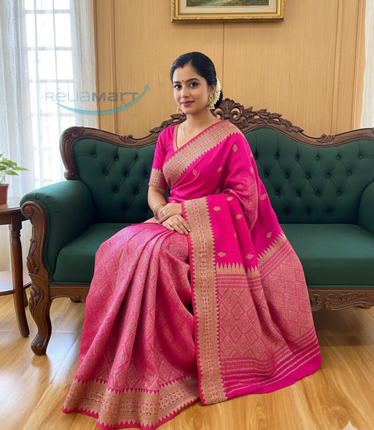 Rani Pink Handloom Mekhela Sador – Padmini Cotton with Gold Ari Work | Elegant Missing Traditional Dress for Women | Festive & Wedding Wear