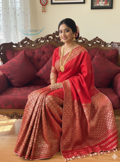 Missing Mekhela Sador in Red & Gold – Handloom Padmini Cotton with Ari Work | Traditional Women’s Ethnic Dress