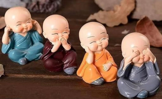 Set of 4 Multicolor Baby Monk Statues – Cute Miniature Figurines for Home, Office & Car Dashboard Decor | Peaceful Spiritual Showpiece | Polyresin Craft