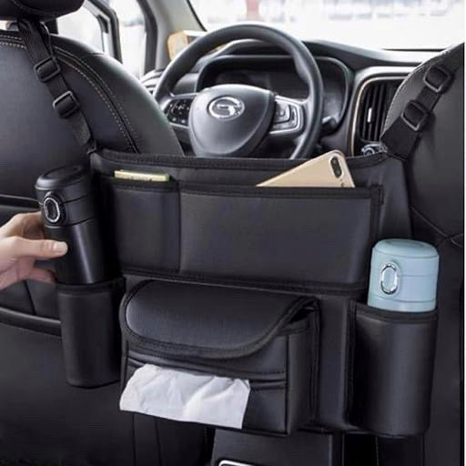 Car Seat Storage Bag – PU Leather Handbag Holder & Back Seat Organizer (Black Sporty Style) | Multi-Pocket Car Accessory for Travel, Storage & Comfort