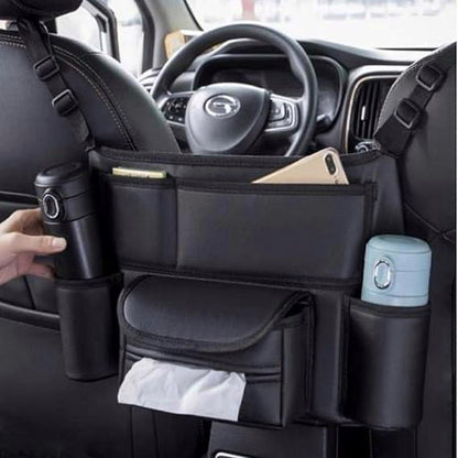 Car Seat Storage Bag – PU Leather Handbag Holder & Back Seat Organizer (Black Sporty Style) | Multi-Pocket Car Accessory for Travel, Storage & Comfort