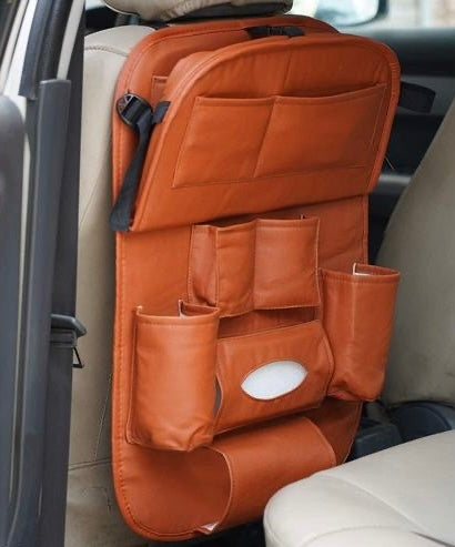 PU Leather Car Backseat Organizer – Foldable Dining Table Tray & Storage Pockets | Luxury Car Seat Organizer for Travel & Daily Use
