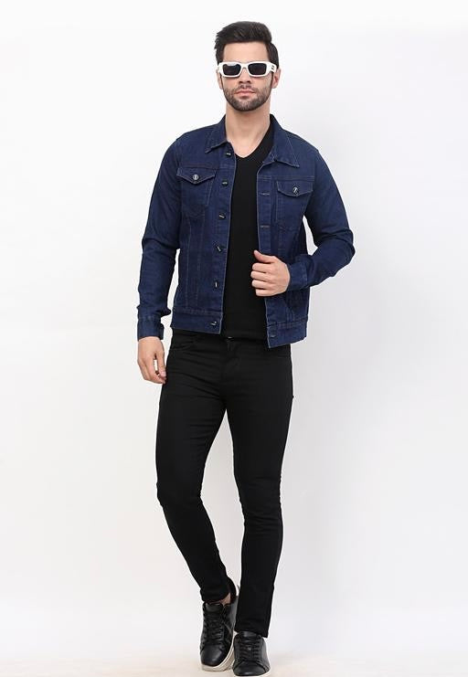 Classic Latest Man Navy Blue Flap Collar Long Denim Jacket