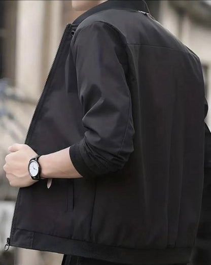 Black Mock Collar Cuffed Sleeves Casual Mens Upper Biker Jacket