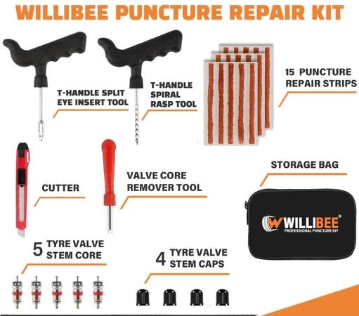 WILLIBEE 8-in-1 Tool Set (Pack of 15 Strips), Tubeless Tire Puncture Repair Kit for Car, Bike, Scooter & SUV (with Storage Bag) | Universal Emergency Tire Fix Tool Set