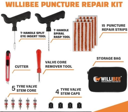 WILLIBEE 8-in-1 Tool Set (Pack of 15 Strips), Tubeless Tire Puncture Repair Kit for Car, Bike, Scooter & SUV (with Storage Bag) | Universal Emergency Tire Fix Tool Set