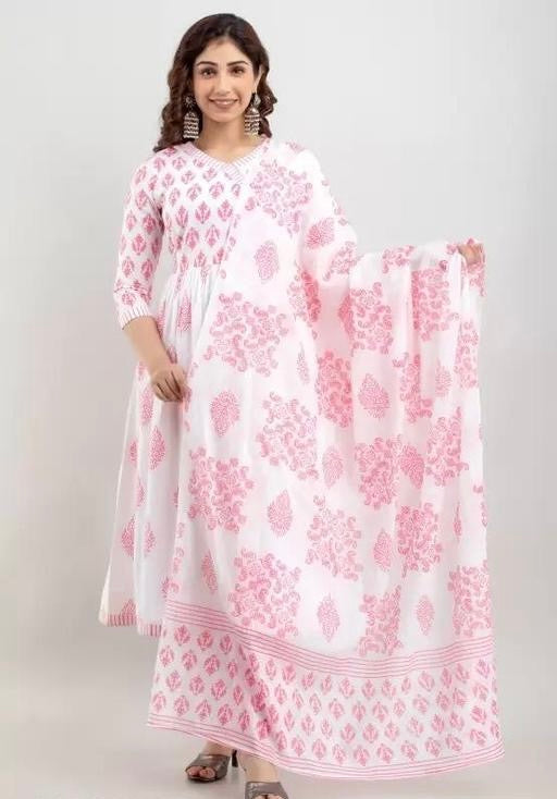 Floral Anarkali Kurti & Dupatta – Ankle-Length, Three-Quarter Sleeve