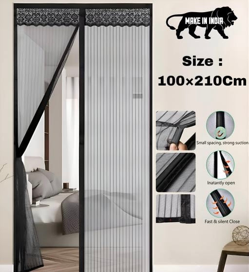 Polyester Adults Washable Auto Closing Magnetic Door Mosquito Net (Black-210*100cms, Frame Hung)