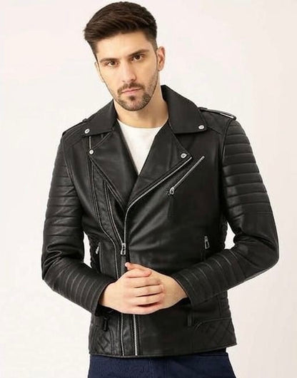 Leather Flap Collar Long Sleeves Casual Biker Jacket