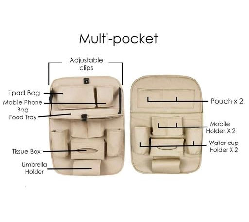 PU Leather Car Backseat Organizer – Foldable Dining Table Tray & Storage Pockets | Luxury Car Seat Organizer for Travel & Daily Use