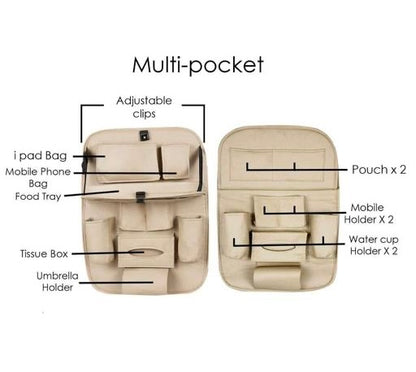 PU Leather Car Backseat Organizer – Foldable Dining Table Tray & Storage Pockets | Luxury Car Seat Organizer for Travel & Daily Use