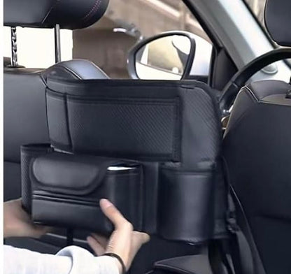 Car Seat Storage Bag – PU Leather Handbag Holder & Back Seat Organizer (Black Sporty Style) | Multi-Pocket Car Accessory for Travel, Storage & Comfort