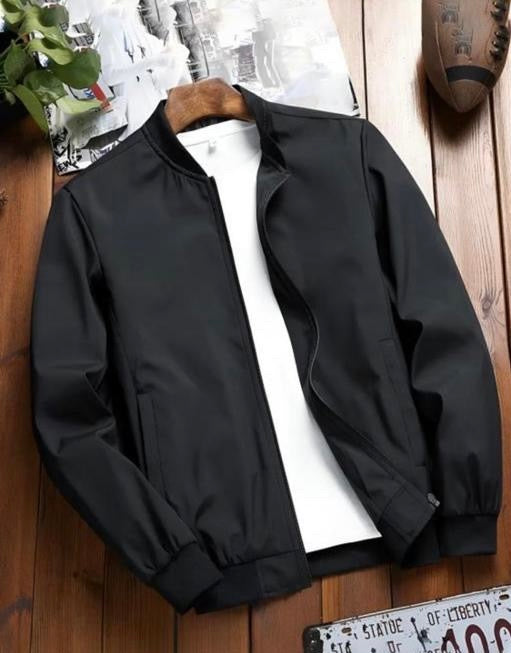 Black Mock Collar Cuffed Sleeves Casual Mens Upper Biker Jacket