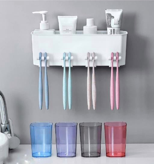 Wall Mounted 4-slots Toothbrush Holder Set with Adorable Cartoon Cups - Self Adhesive No Drilling Required