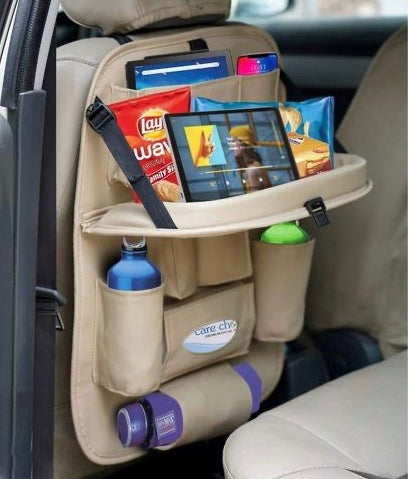 PU Leather Car Backseat Organizer – Foldable Dining Table Tray & Storage Pockets | Luxury Car Seat Organizer for Travel & Daily Use
