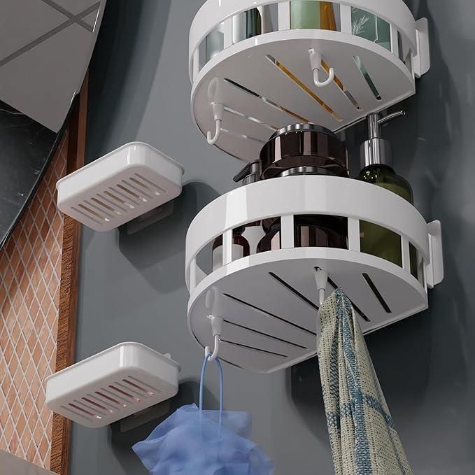 Bathroom Shelves with Hooks (Pack of 2) – Wall-Mounted Multipurpose Storage Organizer Rack for Toiletries, Shampoo, and Accessories | Space-Saving & Durable Design