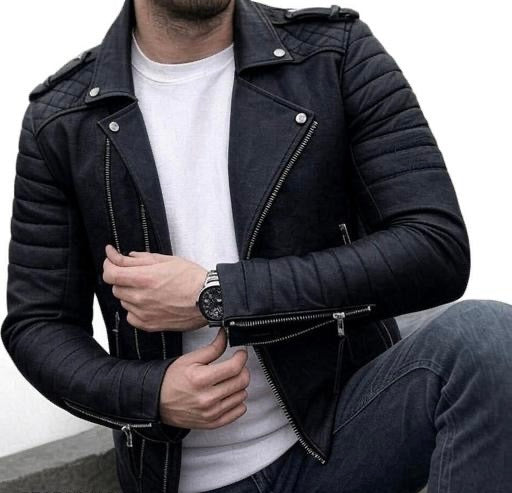 Leather Flap Collar Long Sleeves Casual Biker Jacket