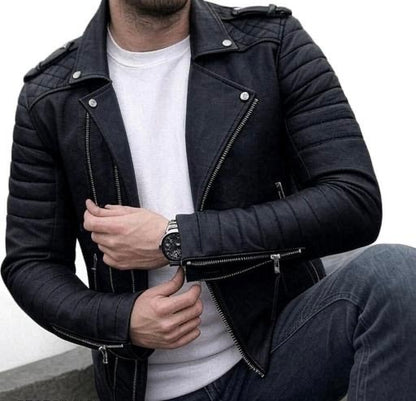 Leather Flap Collar Long Sleeves Casual Biker Jacket