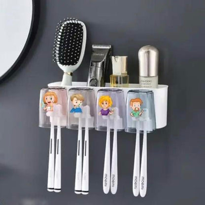 Wall Mounted 4-slots Toothbrush Holder Set with Adorable Cartoon Cups - Self Adhesive No Drilling Required