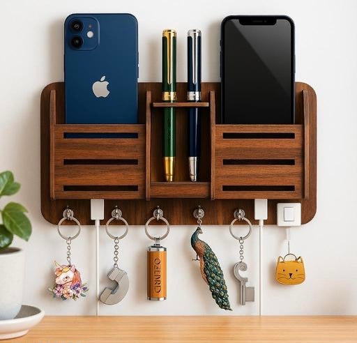 Craftzo Premium Phone Stand Brown Wood Key Holder (6 Hooks, Brown)