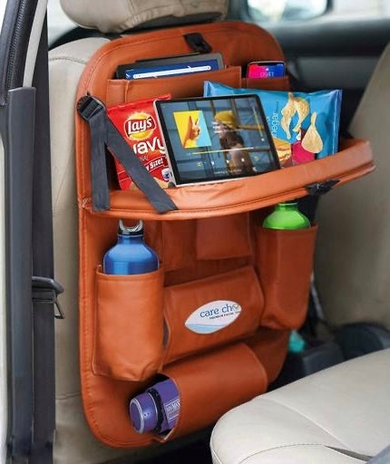 PU Leather Car Backseat Organizer – Foldable Dining Table Tray & Storage Pockets | Luxury Car Seat Organizer for Travel & Daily Use