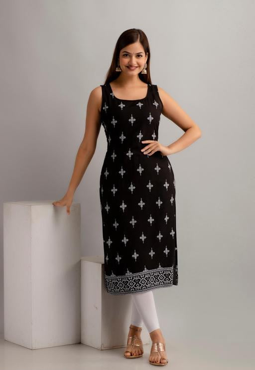 Women’s Printed Rayon Sleeveless Kurti – Straight Fit, Half Sleeves, Cut Piece, Stylish Kurta, Western & Ethnic Wear, Comfortable, Trendy, Casual, Office, Party, Daily Wear