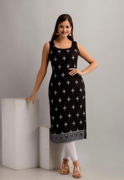 Women’s Printed Rayon Sleeveless Kurti – Straight Fit, Half Sleeves, Cut Piece, Stylish Kurta, Western & Ethnic Wear, Comfortable, Trendy, Casual, Office, Party, Daily Wear