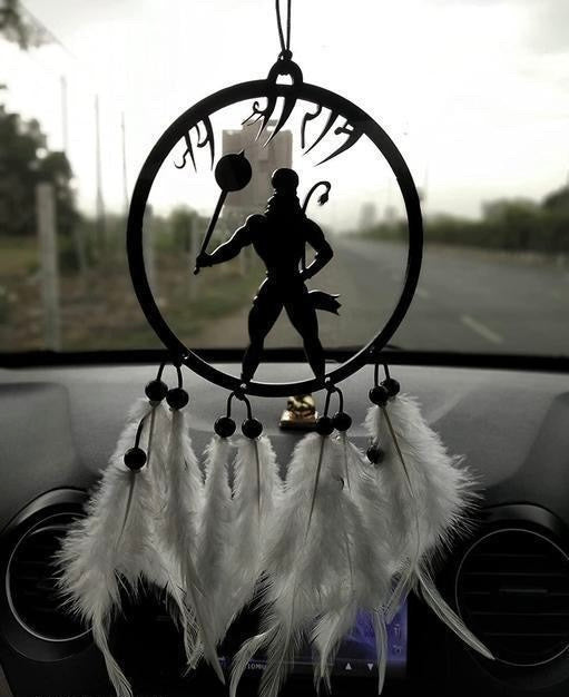 Ubha Hanuman Dada Car Hanging – Handmade Black Acrylic Dreamcatcher with White Feather | Positive Vibes & Good Luck Charm | 1 Pc Car Decor