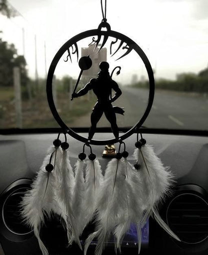 Ubha Hanuman Dada Car Hanging – Handmade Black Acrylic Dreamcatcher with White Feather | Positive Vibes & Good Luck Charm | 1 Pc Car Decor