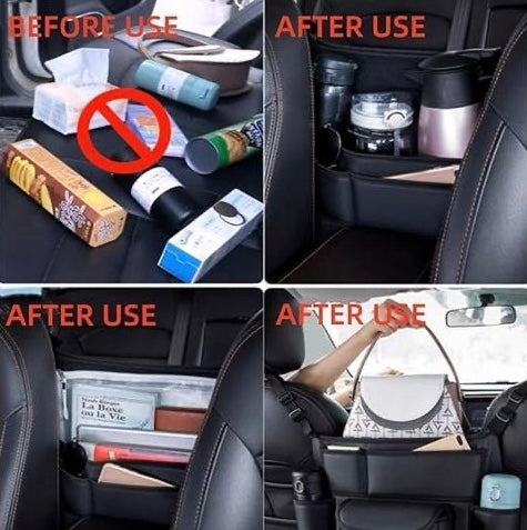 Car Seat Storage Bag – PU Leather Handbag Holder & Back Seat Organizer (Black Sporty Style) | Multi-Pocket Car Accessory for Travel, Storage & Comfort