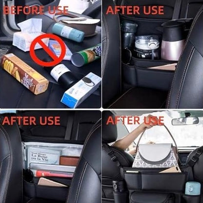 Car Seat Storage Bag – PU Leather Handbag Holder & Back Seat Organizer (Black Sporty Style) | Multi-Pocket Car Accessory for Travel, Storage & Comfort