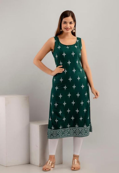 Women’s Printed Rayon Sleeveless Kurti – Straight Fit, Half Sleeves, Cut Piece, Stylish Kurta, Western & Ethnic Wear, Comfortable, Trendy, Casual, Office, Party, Daily Wear