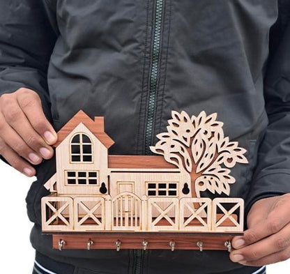 Tree House Wooden Keychain Holder (Brown and Cream) Premium Quality
