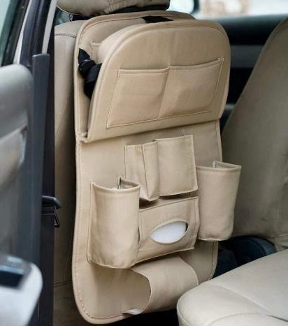 PU Leather Car Backseat Organizer – Foldable Dining Table Tray & Storage Pockets | Luxury Car Seat Organizer for Travel & Daily Use