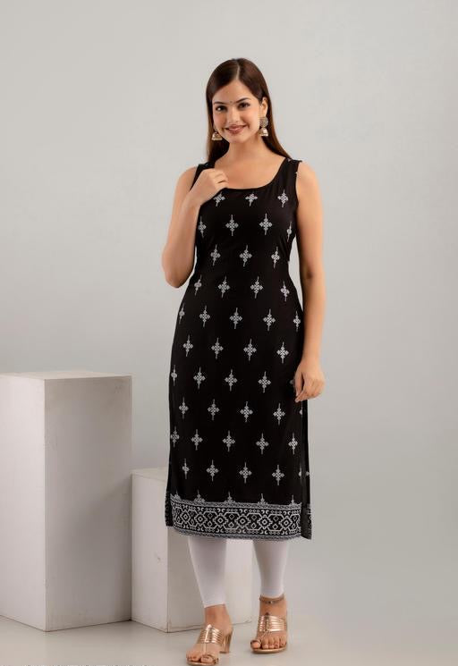Women’s Printed Rayon Sleeveless Kurti – Straight Fit, Half Sleeves, Cut Piece, Stylish Kurta, Western & Ethnic Wear, Comfortable, Trendy, Casual, Office, Party, Daily Wear