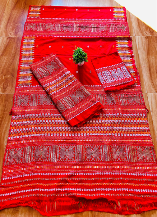 Missing Handloom Mekhela Sador – Pure Red Padmini Cotton with Intricate Traditional Weaving | Women’s Ethnic Wear for Festivals & Celebrations