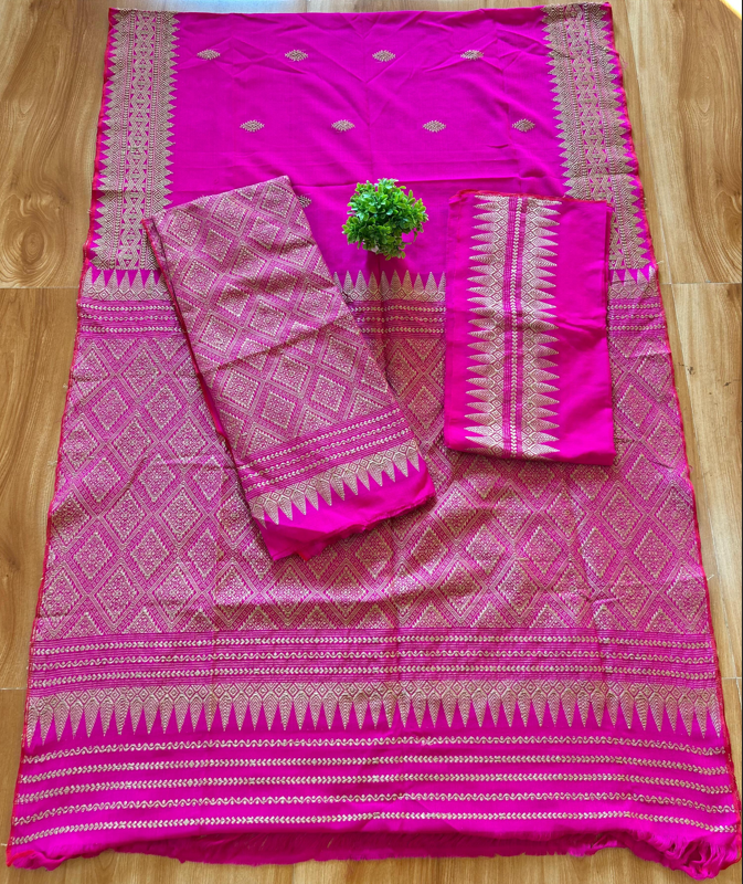 Rani Pink Handloom Mekhela Sador – Padmini Cotton with Gold Ari Work | Elegant Missing Traditional Dress for Women | Festive & Wedding Wear
